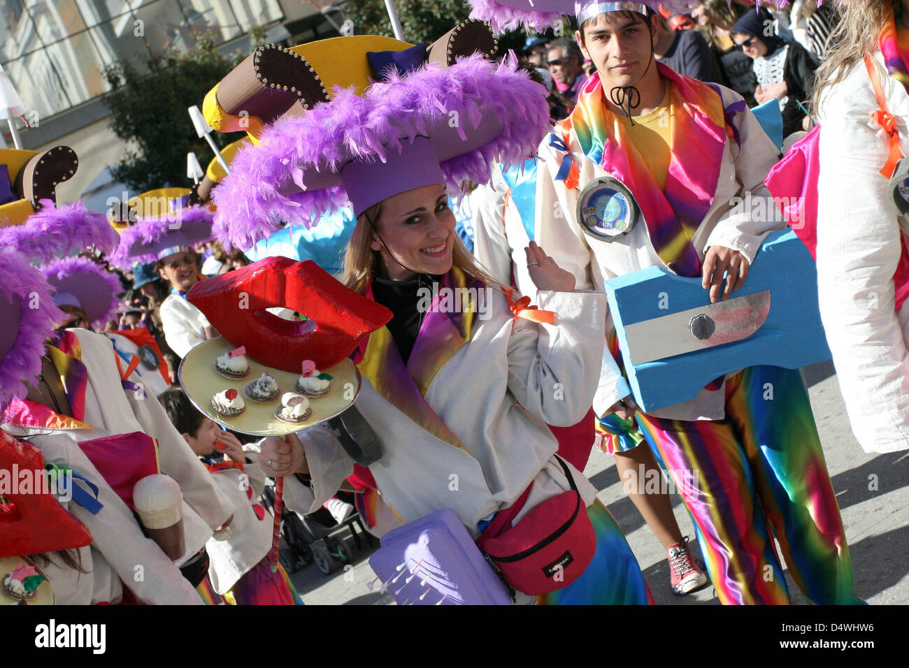 Patras, Greece. 17th March 2013. Revellers dance in colorful costumes at Carnival in  Patras, in Greece, 17 March 2013. The Patras Carnival is the biggest event of its kind in Greece and one of the biggest in Europe. Photo: Menelaos Michalatos/dpa/Alamy Live News Stock Photo
