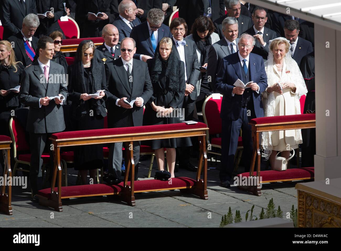 Vatican City, Rome, Italy. 19 March 2013. Prince Alois (L-R) and Princess Sophie of Liechtenstein, Prince Albert and Princess Charlene of Monaco and King Albert and Queen Paola of Belgium attend the inauguration mass of Pope Francis in Vatican City, 19 March 2013. Photo: Patrick van Katwijk /dpa/Alamy Live News/ NETHERLANDS AND FRANCE: OUT Stock Photo