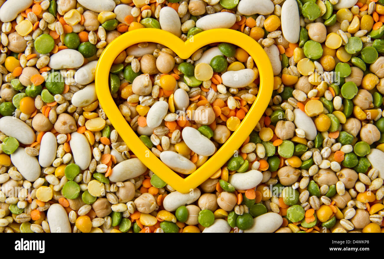 Mixed grains, pulses, beans, peas and legumes, filling the frame with