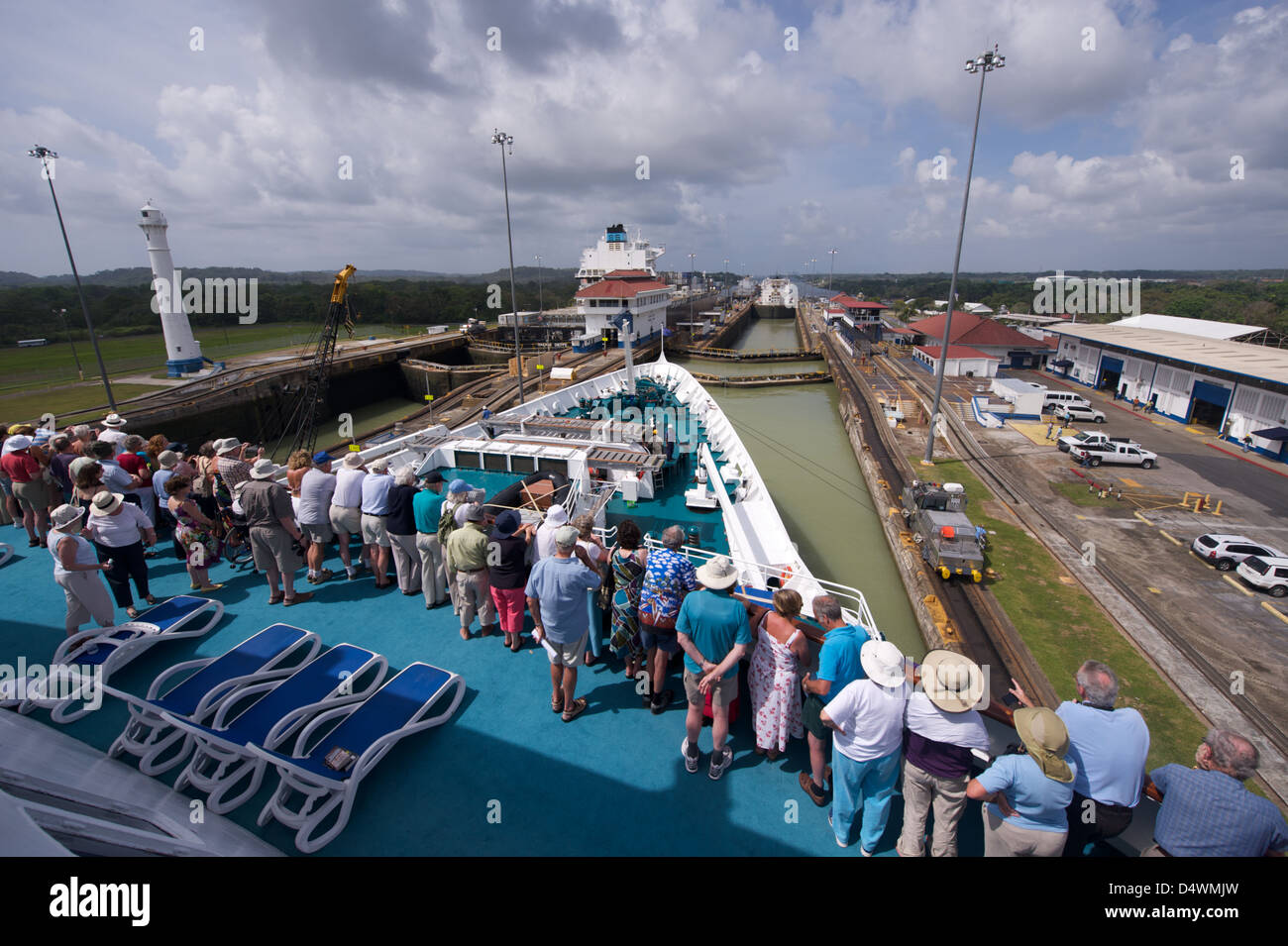 Ships in the Miraflores lock section of the Panama Canal Stock Photo ...