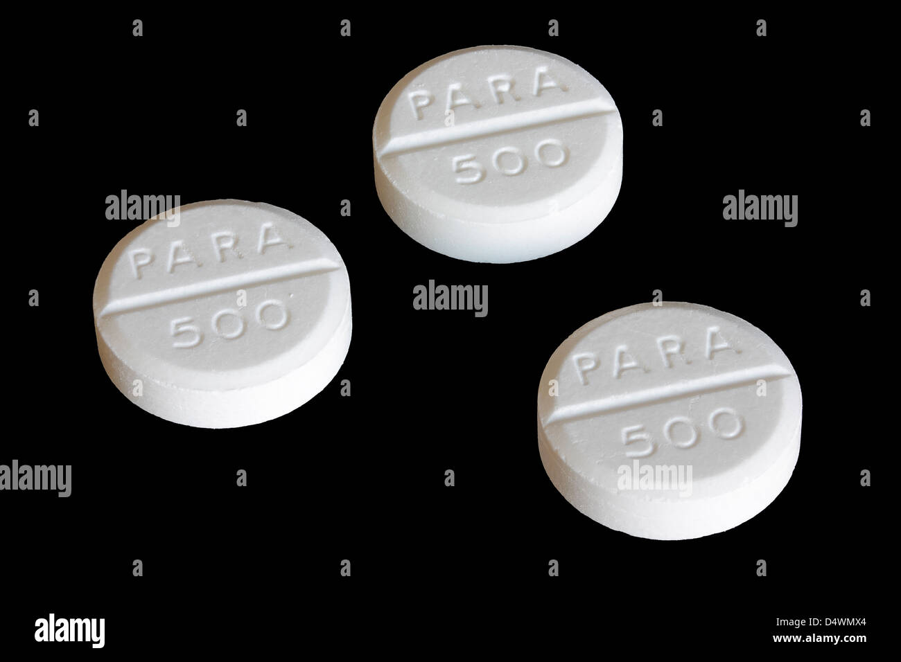 Three Paracetamol Tablets isolated on black background Stock Photo