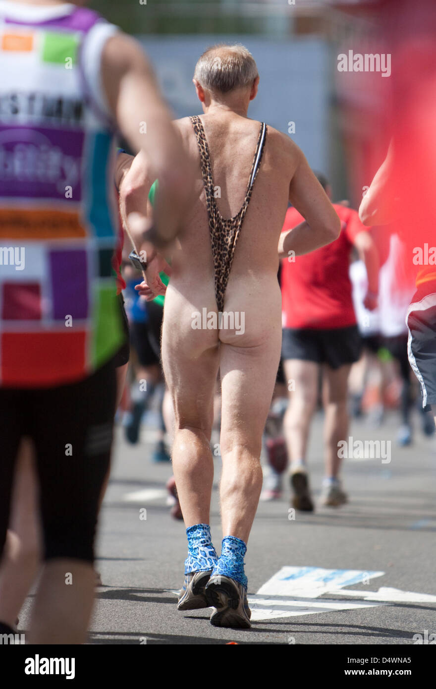 a man running in mankini the london marathon, april 2012 Stock Photo