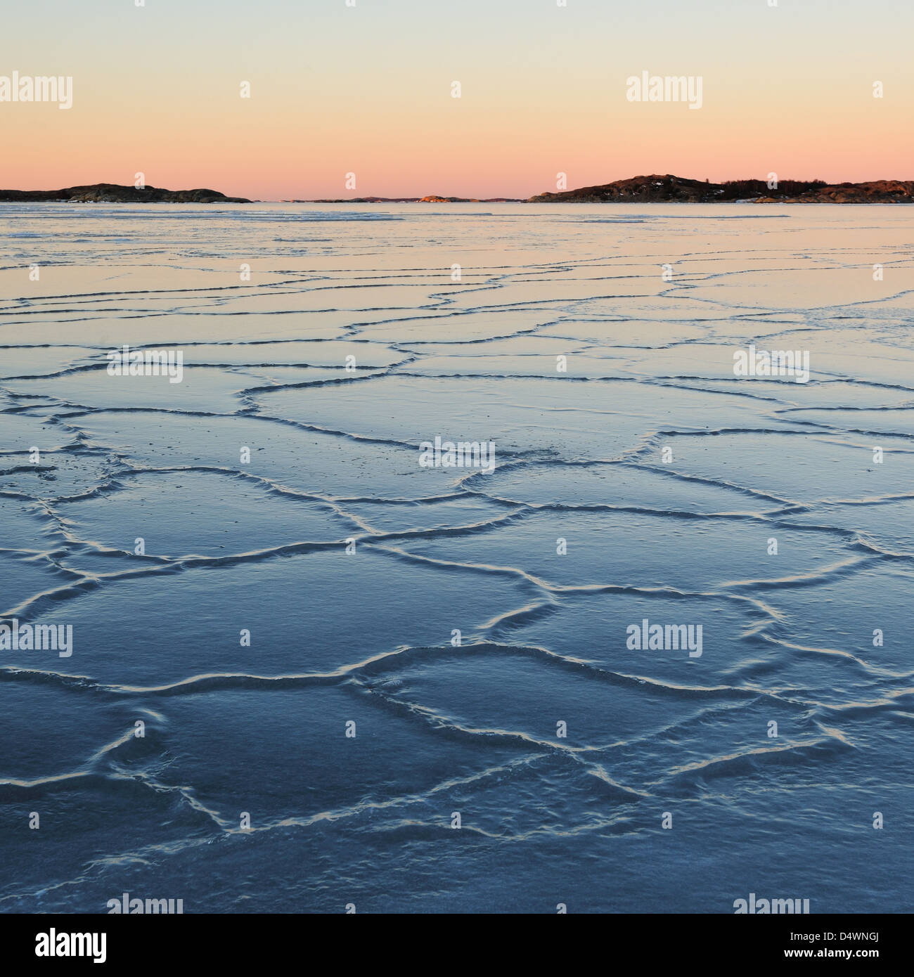 Frozen sea at sunset. Smithska Udden, Gotenburg, Sweden, Europe Stock Photo