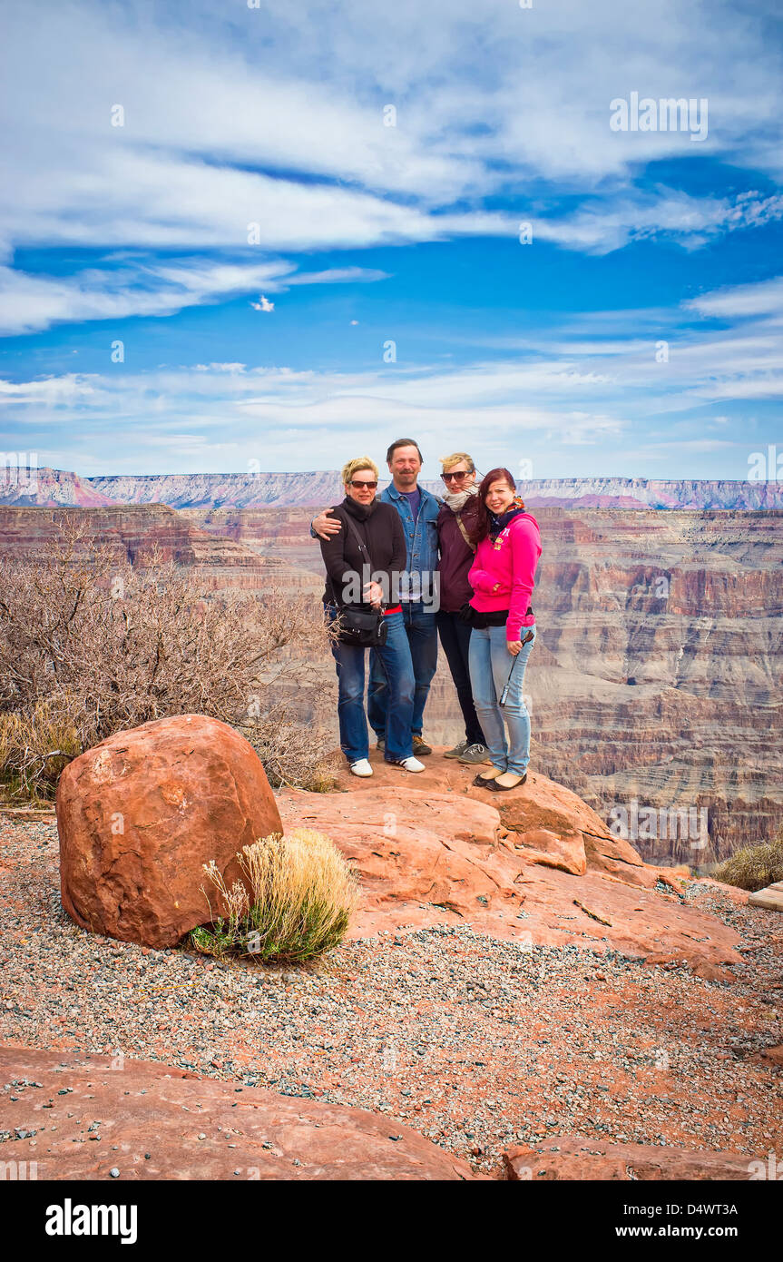 Tourists family picture at the Grand Canyon, West Rim Guano Point, Arizona, USA Stock Photo