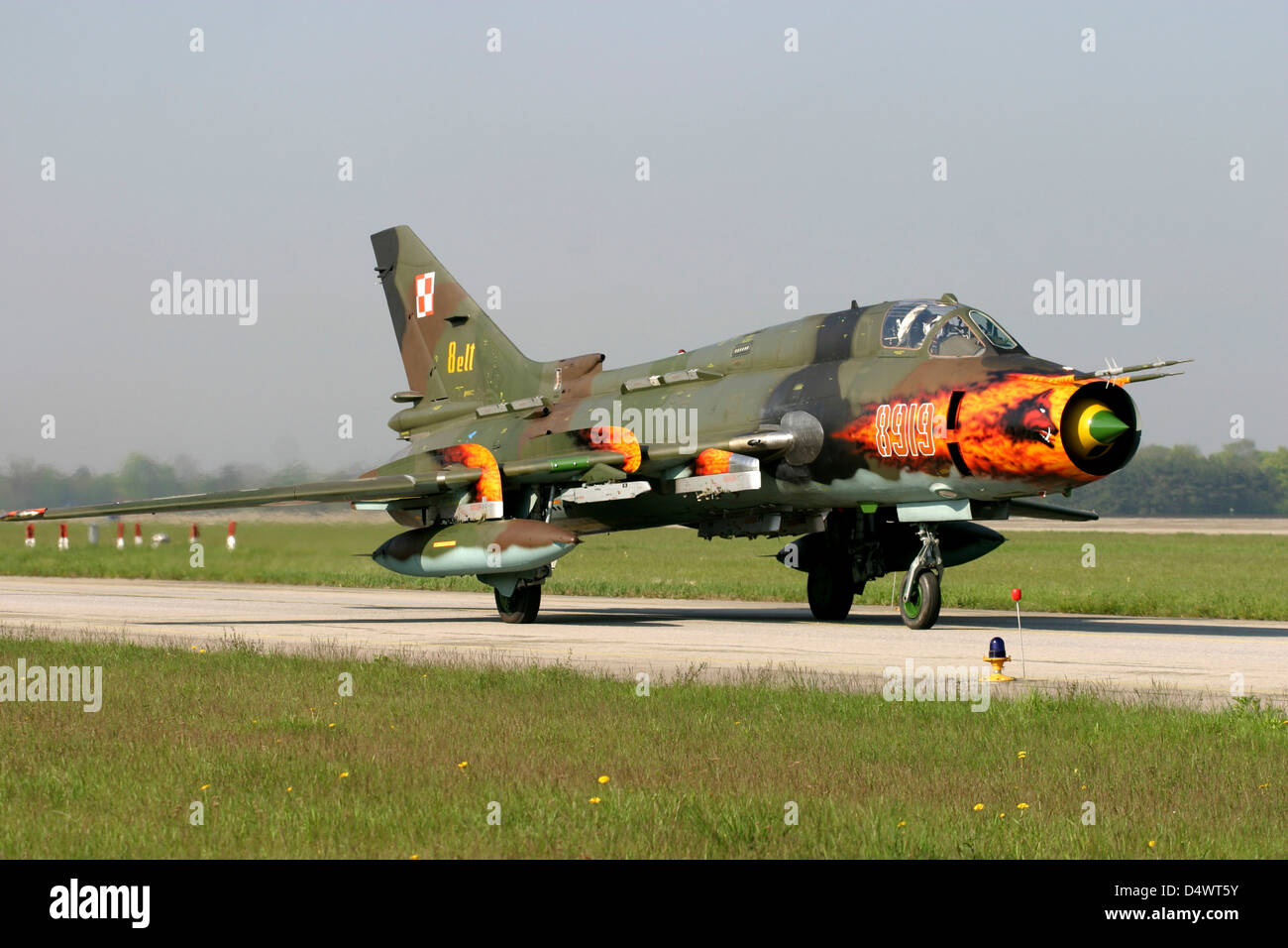 Polish Air Force Su-22 Fitter aircraft with flamboyant nose-art at Lechfeld Airbase, Germany. Stock Photo