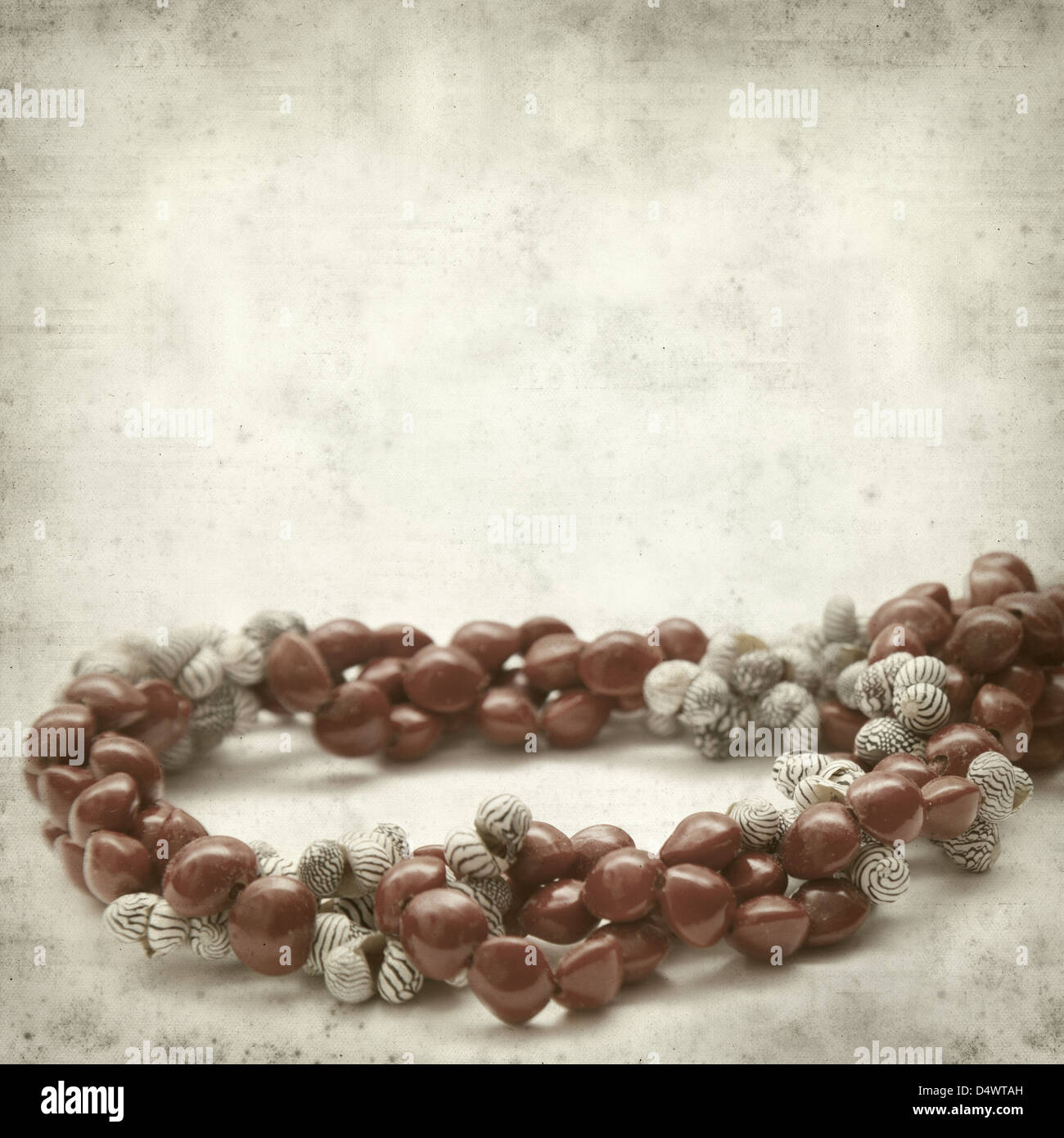 textured old paper background with necklace of seeds and shells Stock Photo