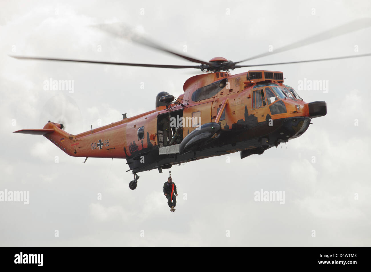 A German WS-1 Sea King helicopter of Naval Air Wing 5 during a fast-roping exercise in Kiel, Germany. Stock Photo
