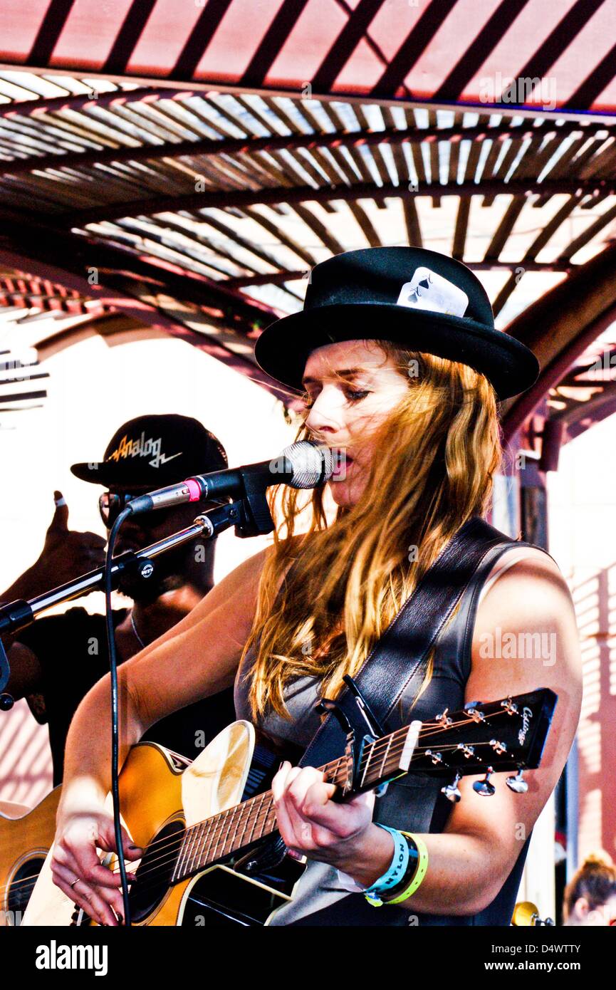 March 16, 2013 - Austin, Texas, U.S. - California based ZZ Ward knocks the crowd dead on the rooftop of Whole Foods World Headquarters in Austin,Texas on 03/16/2013 at a showcase day party hosted by Quantum Collective during SXSW.Ms. Ward's first album '''til the casket drops ''is in heavy rotation on alternative radio.She was widely regarded as one of the hottest acts of the music portion of the conference.(Credit Image: © Jeff Newman/Globe Photos/ZUMAPRESS.com) Stock Photo