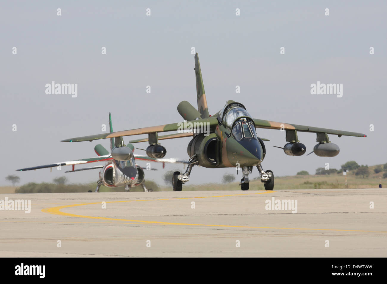 Alpha Jets of the Portuguese Air Force taxiing at Beja, Portugal. Stock Photo
