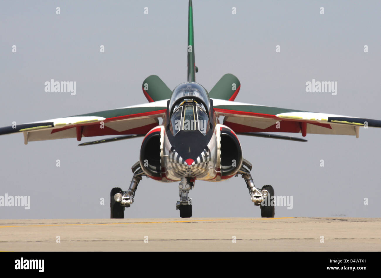 An Alpha Jet of the Portuguese Air Force demo team Asas de Portugal taxiing at Beja, Portugal. Stock Photo