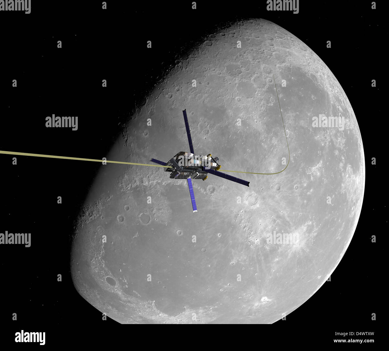 A manned lunar space elevator ascends from the surface of the moon. Stock Photo