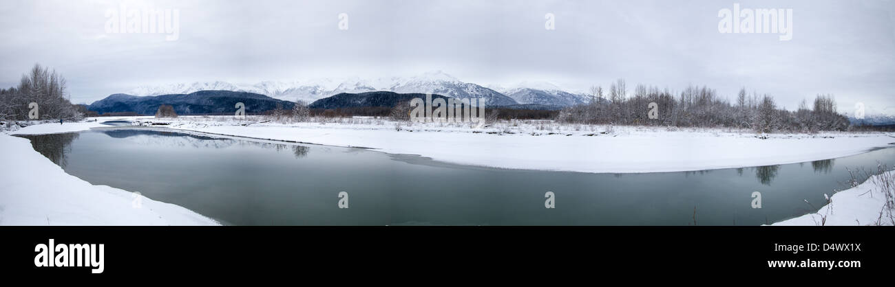 Panoramic view across the Chilkat river flats from the Haines Highway Stock Photo