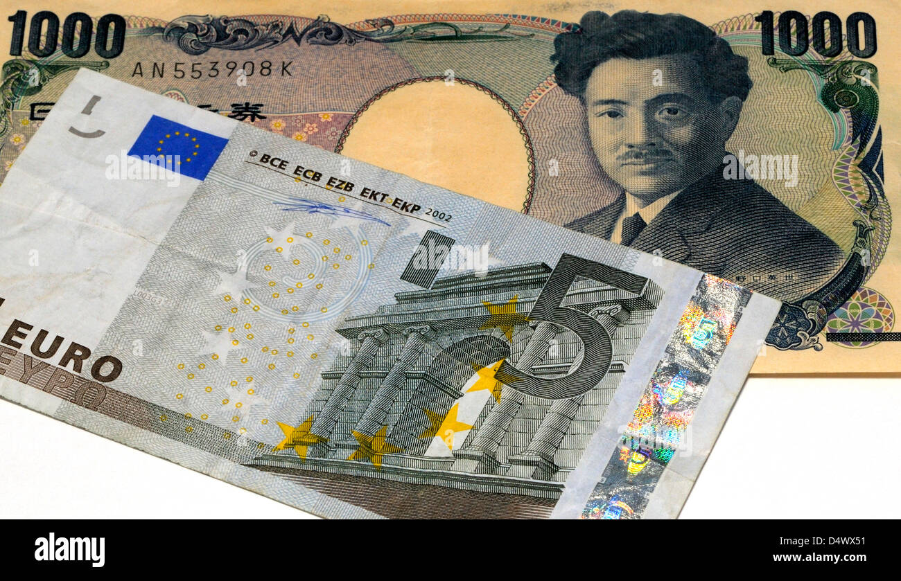 Euro and Japanese Yen Bank Notes Stock Photo