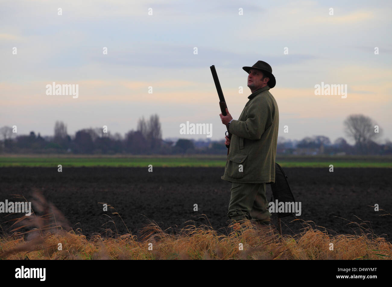 Man shooting in Norfolk on a Winter pheasant shoot. Stock Photo