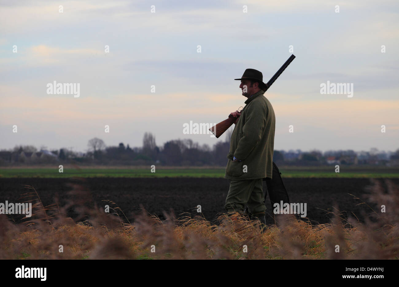 Man shooting in Norfolk on a Winter pheasant shoot. Stock Photo