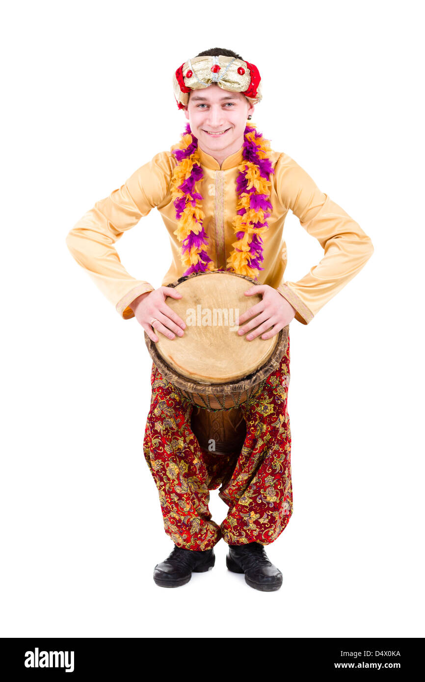 full length portrait of indian man with a drum Stock Photo