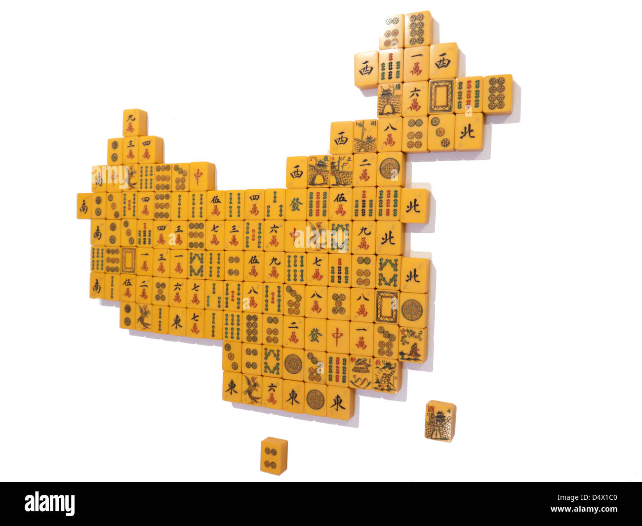 An approximate r3D epresentation map of China made of Mah Jong tiles viewed from the east coast Stock Photo