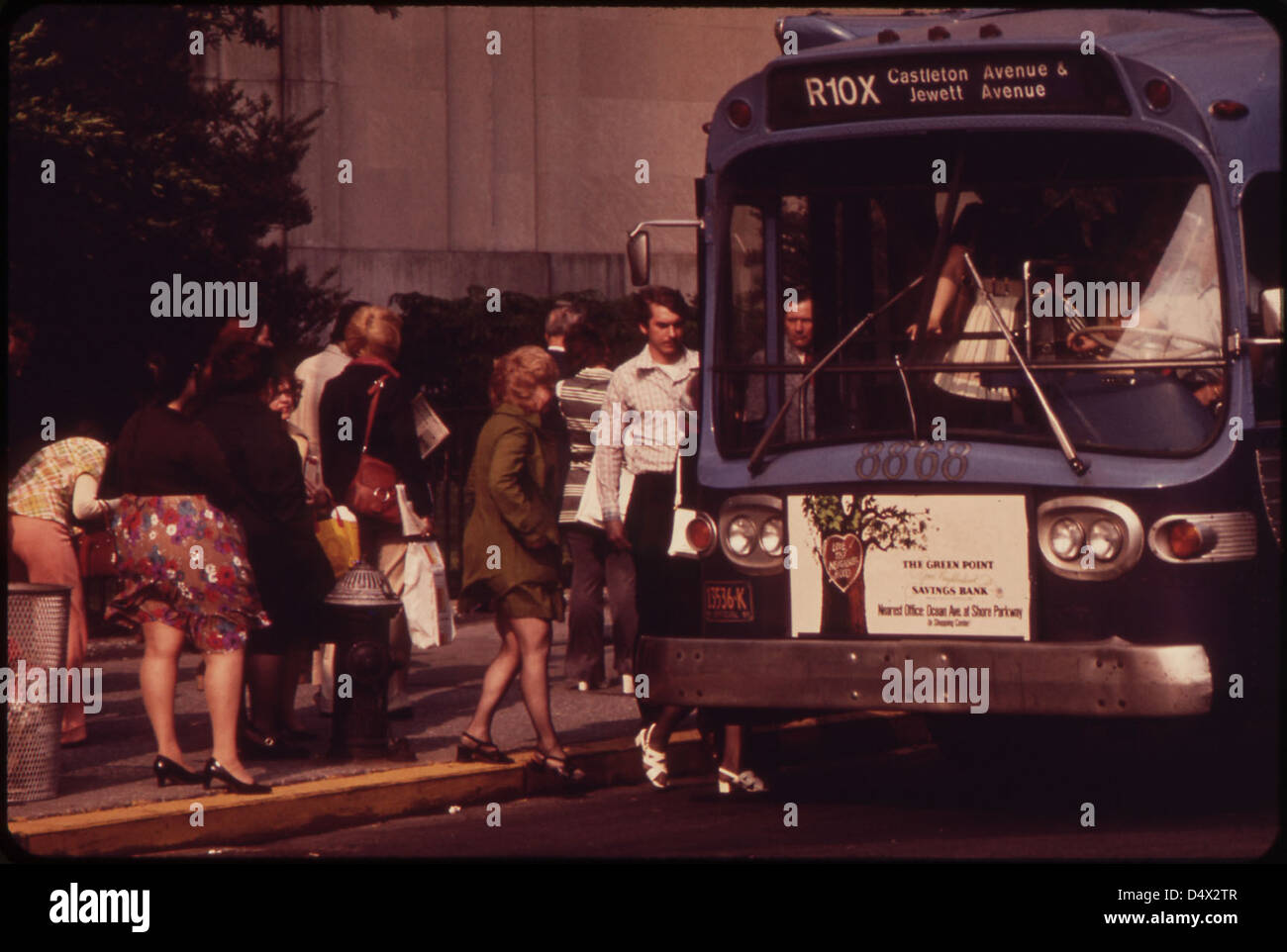 Boarding a Bus in the Finance District of Lower Manhattan 05/1973 Stock Photo
