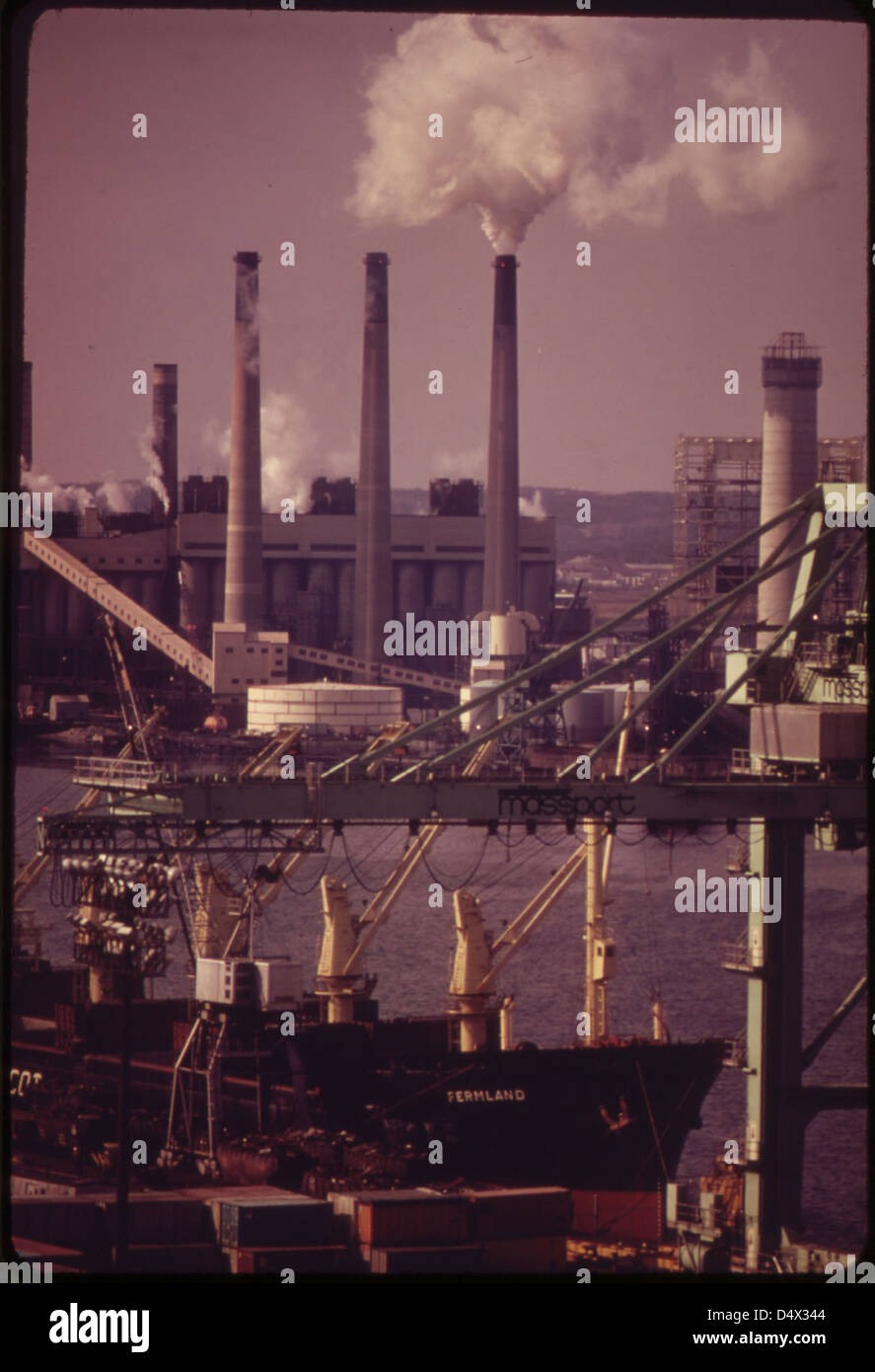 Boston Harbor Seen from the Top of Mystic River Bridge. In Foreground
