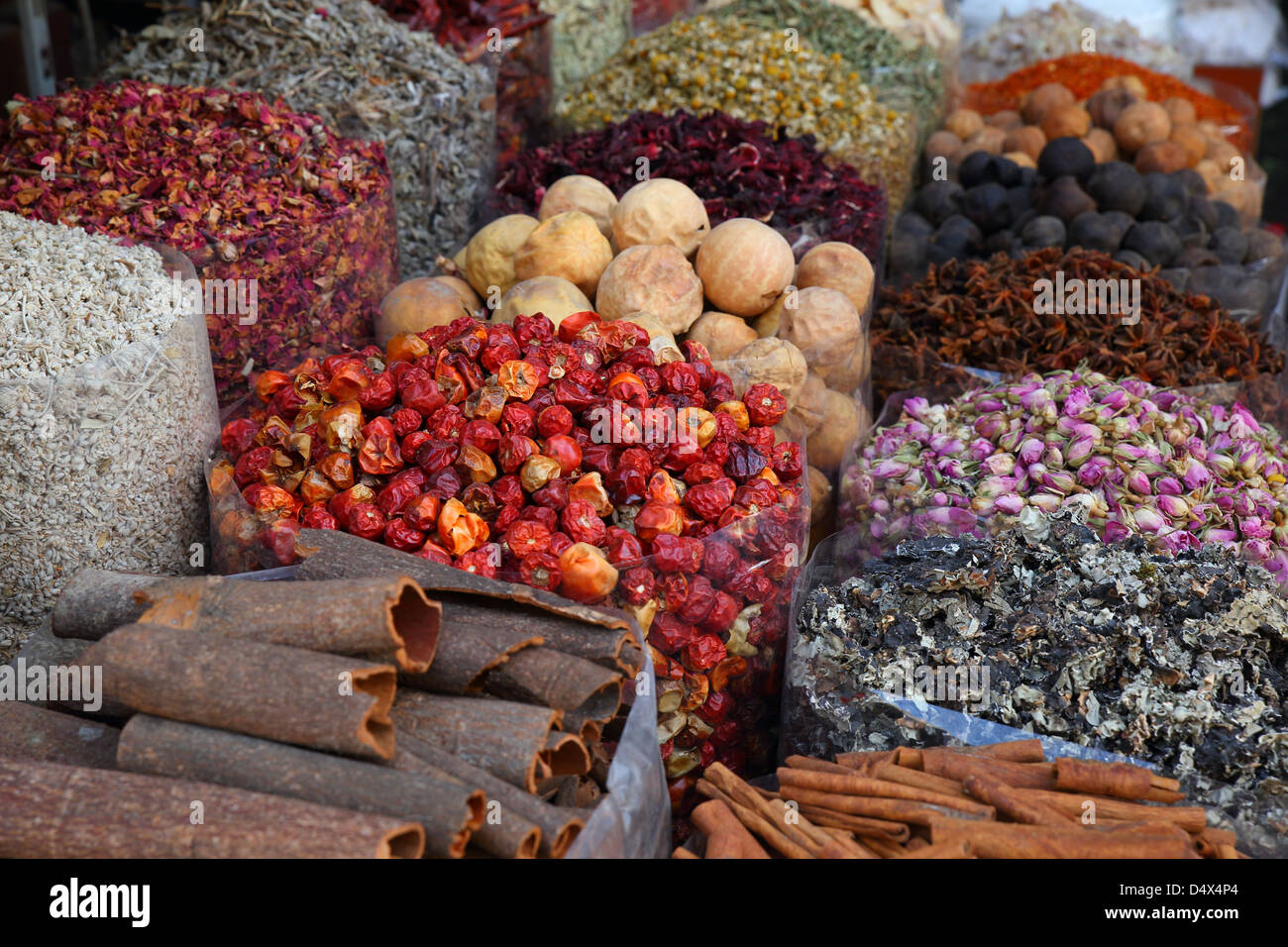 Bags of colorful spices at souk market in Dubai, United Arab Emirates Stock Photo