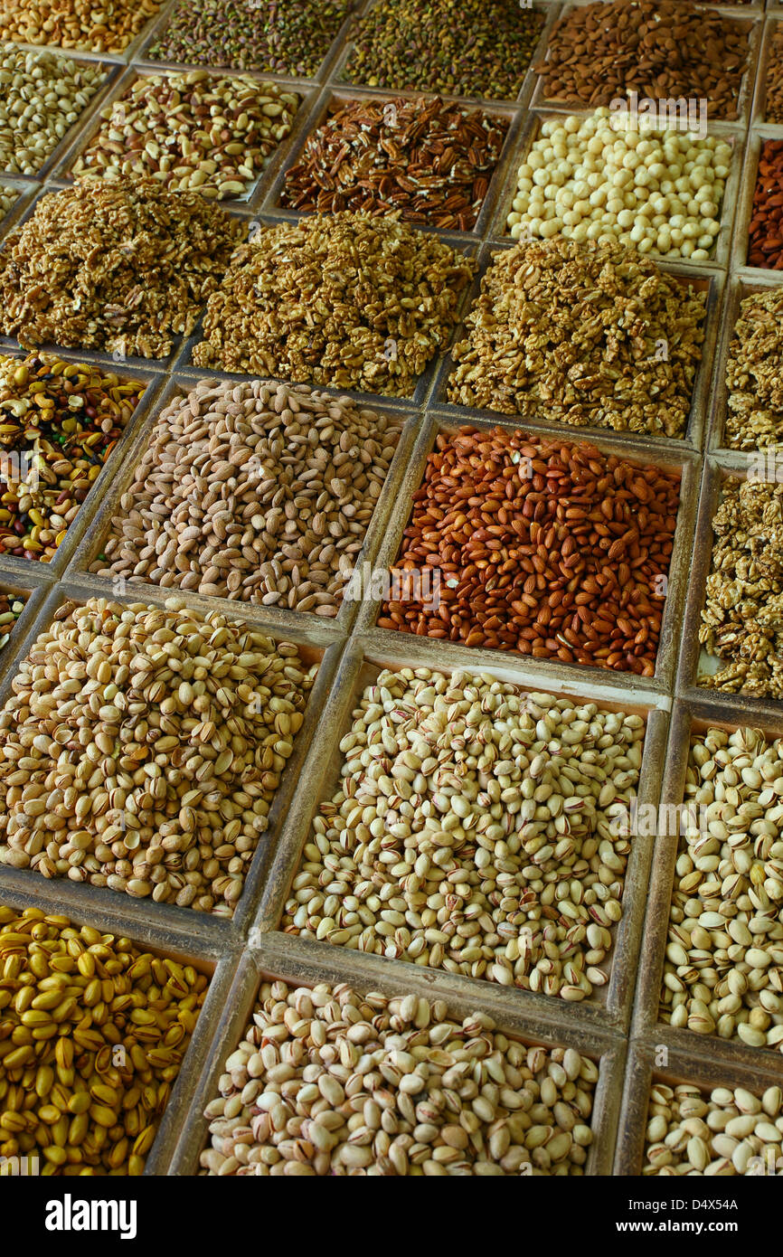 Variety of nuts and beans on display at market, Dubai, United Arab Emirates Stock Photo