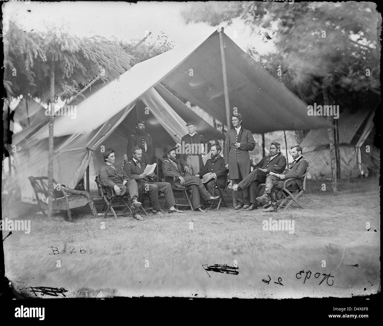 General Ulysses S. Grant and Staff of Eight, Recognized -- Major O.E. Babcock, Colonel William Mck. Dunn, Captain Henry W. Janes, Colonel Ely S. Parker, General Cyrus B. Comstock, Captain Peter T. Hudson, Colonel Michael R. Morgan, General John A. Rawlins Stock Photo