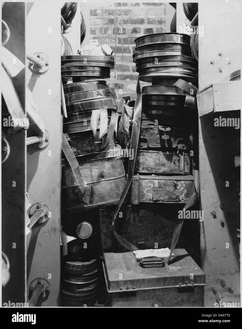 Nitrate film stored in a brick vault between the fifth and sixth wings of the Navy Department on August 9, 1935, part of historical document preservation efforts. Stock Photo