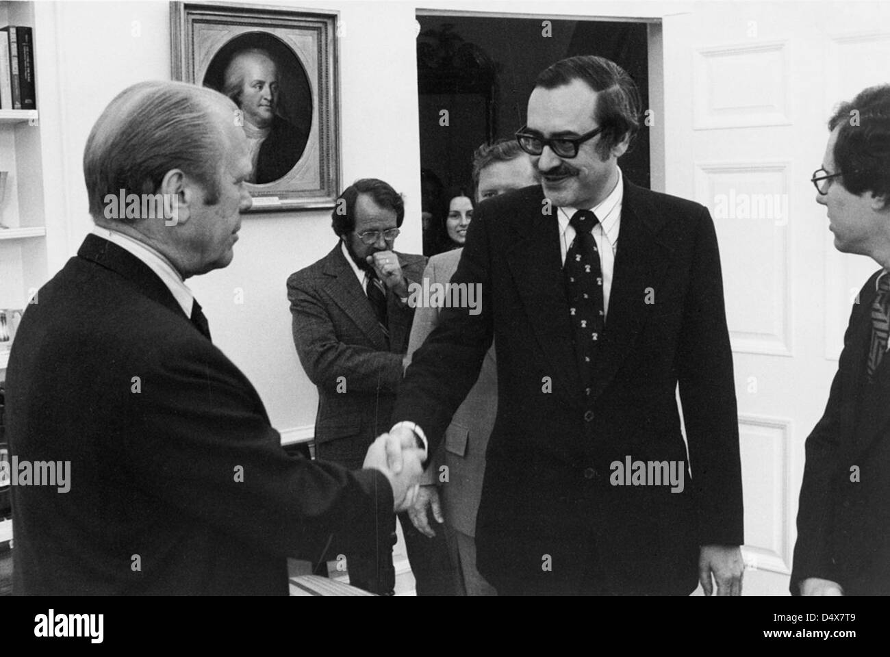 Fifth Archivist of the United States Dr. James B. Rhoads Shaking Hands with President Gerald Ford, June 14, 1976 Stock Photo