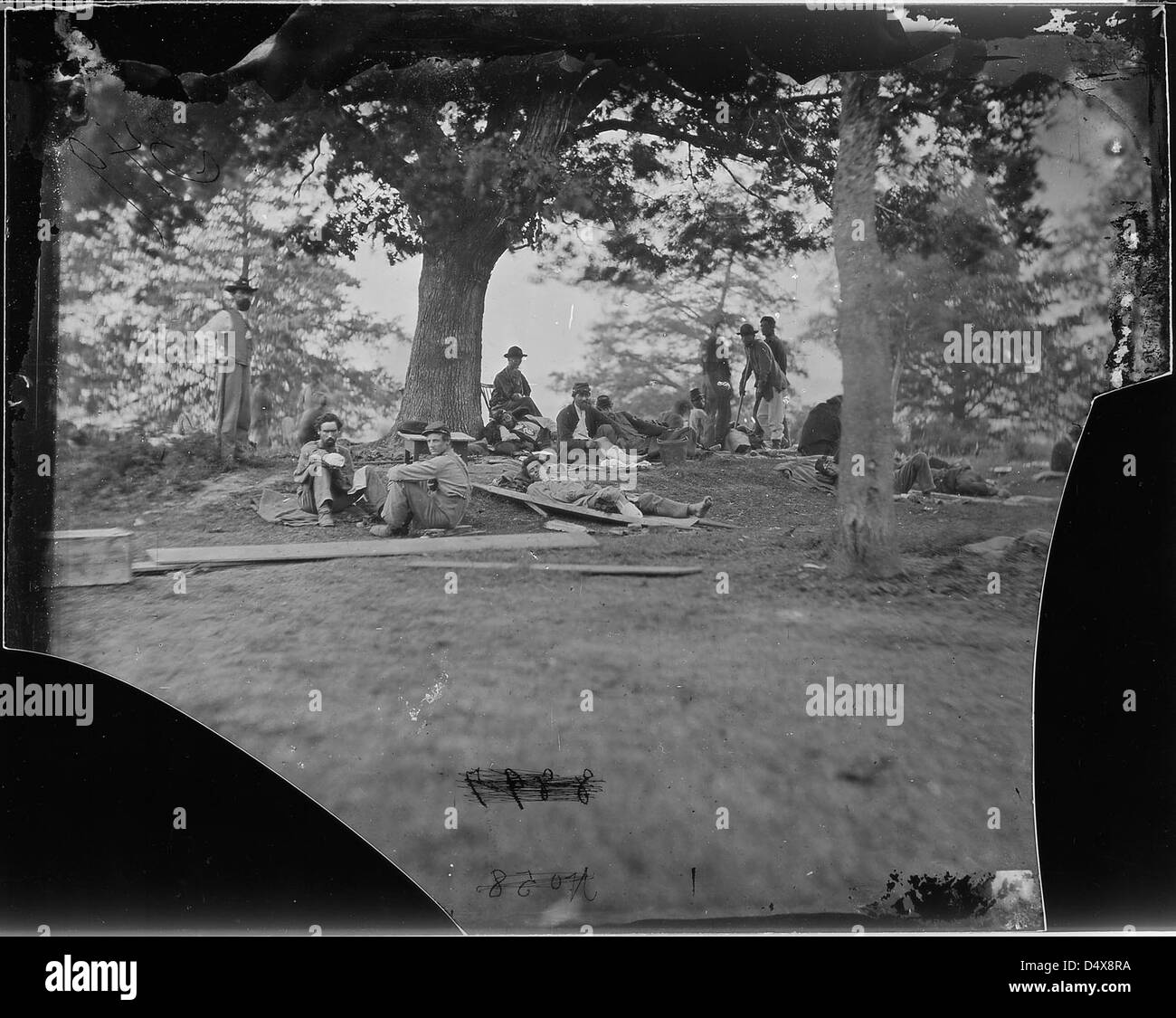 Wounded soldiers under trees, Marye's Heights, Fredericksburg. After the battle of Spotsylvania, 1864. Stock Photo