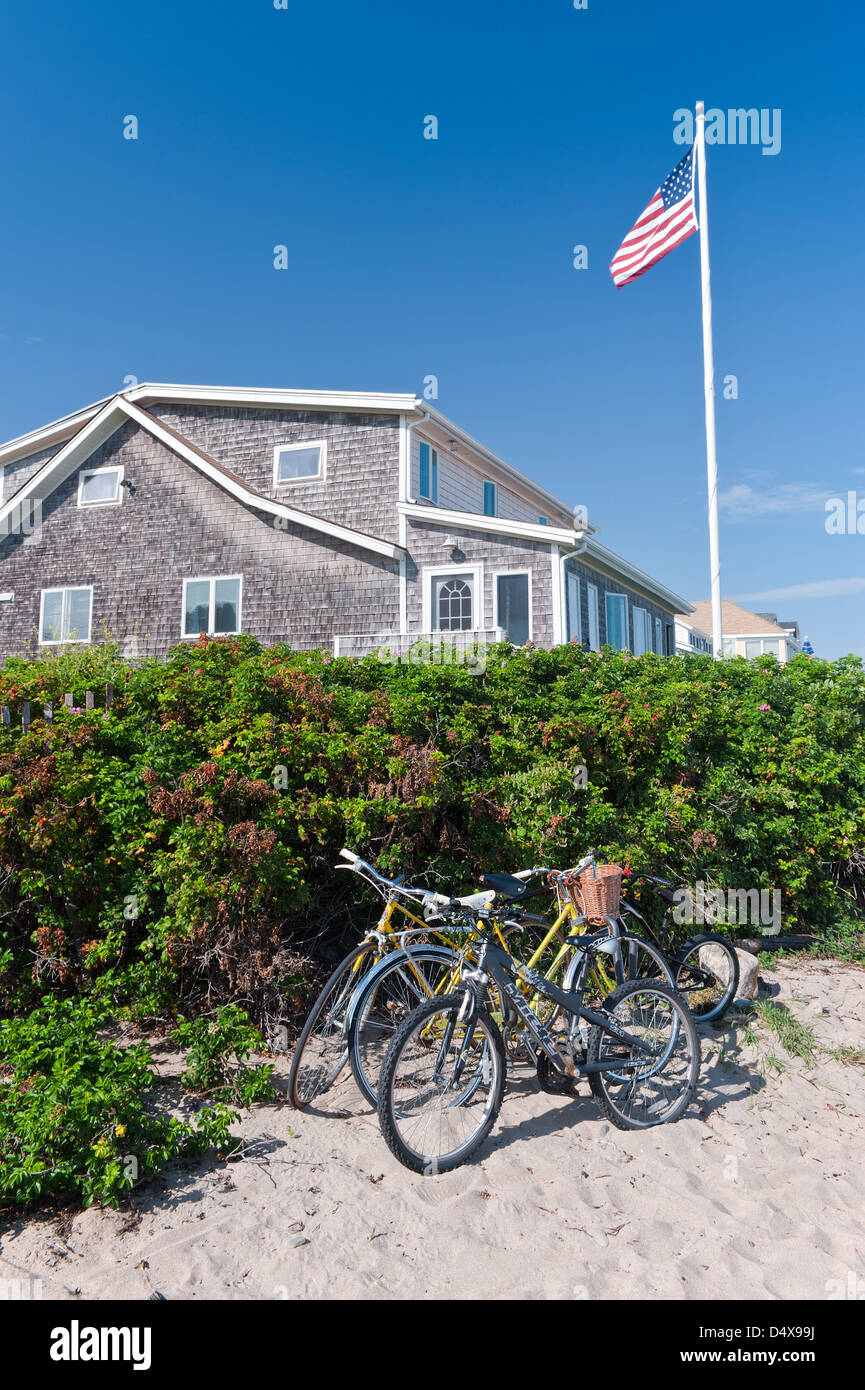 Bicycles parked near the ocean, Moody Beach, Maine, USA. Stock Photo