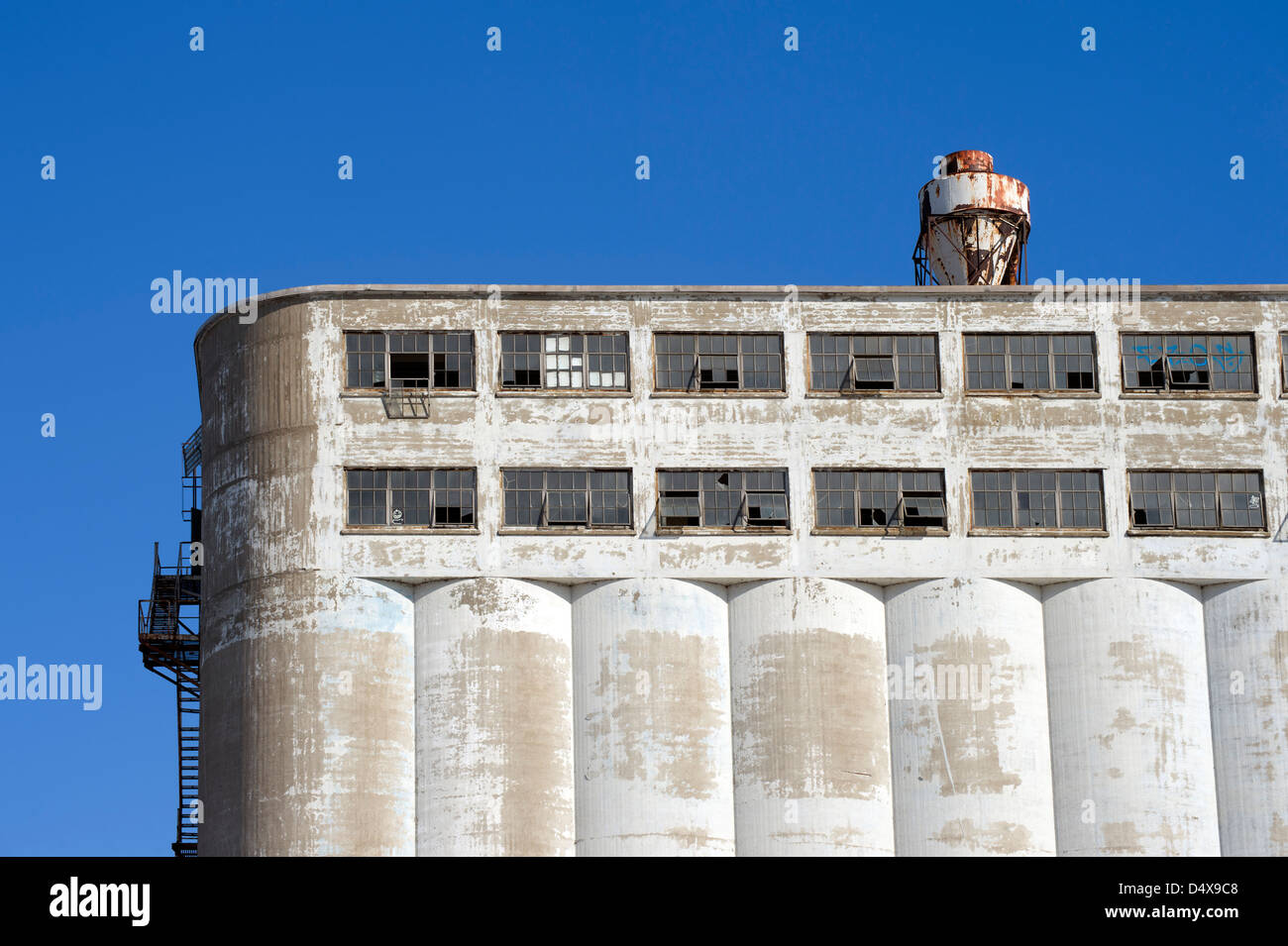 Detail of grain elevator #5, port of Montreal. Built and expanded between 1903 and 1958, it was shut down in 1994. Stock Photo