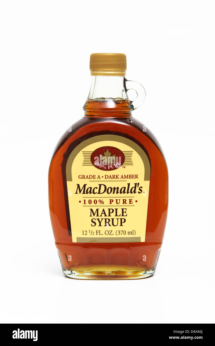 Maple syrup. Bottled Grade A, Dark Amber maple syrup. Stock Photo