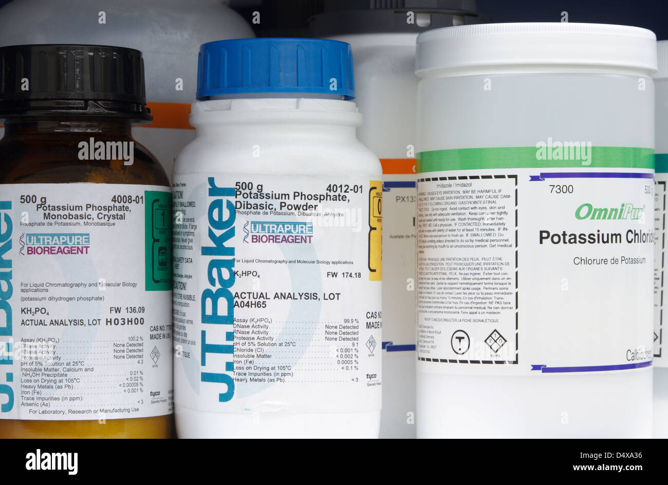 Chemicals. Various chemicals stored on a shelf in a cell biology