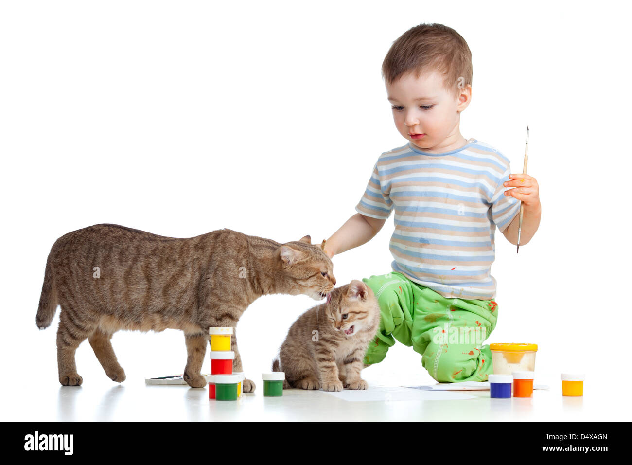 painting kid with mother and child cats Stock Photo