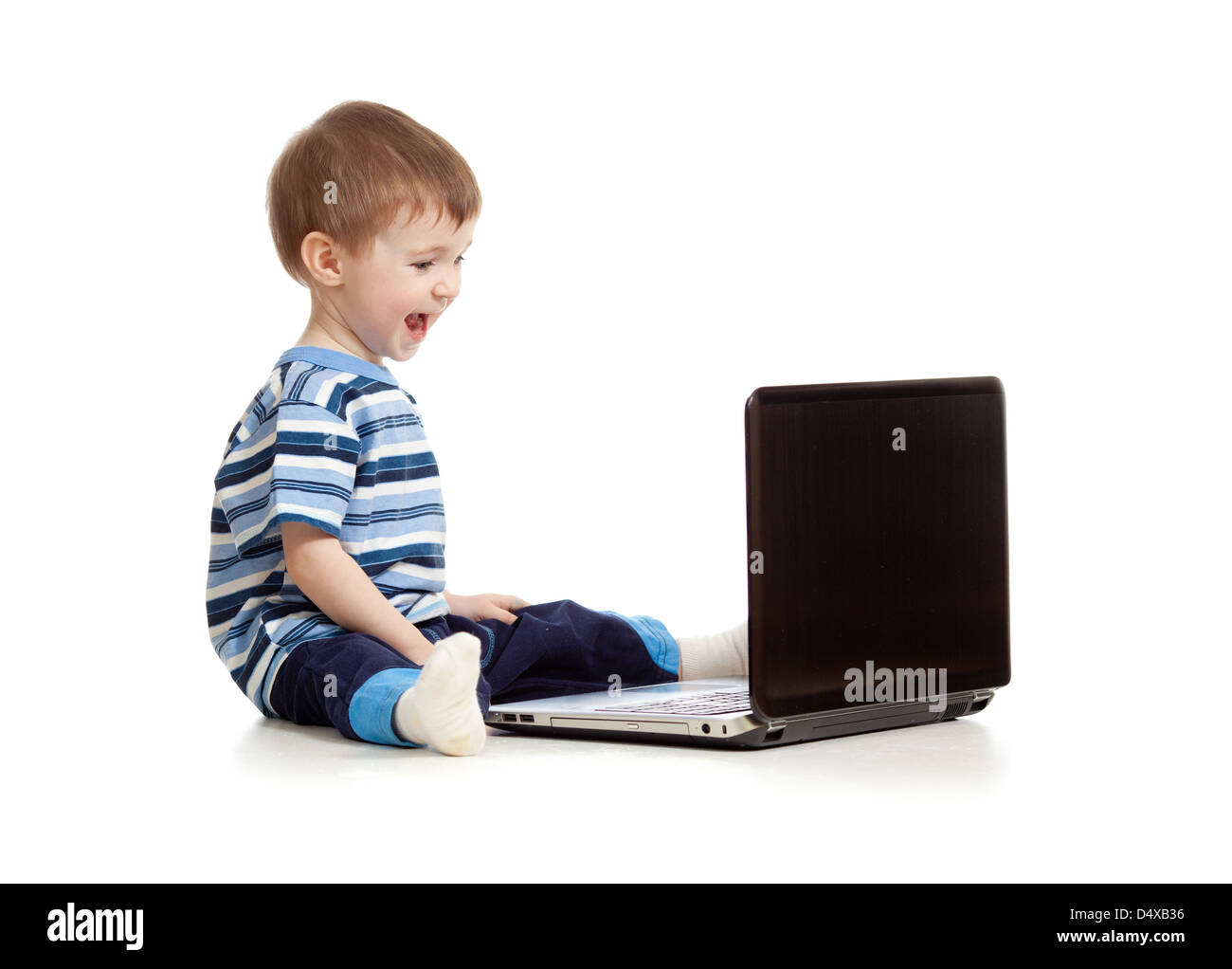 happy kid with notebook on white background Stock Photo - Alamy