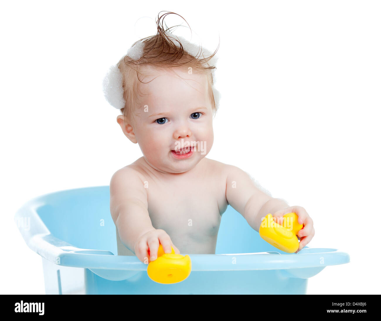 adorable baby having bath in blue tub Stock Photo Alamy