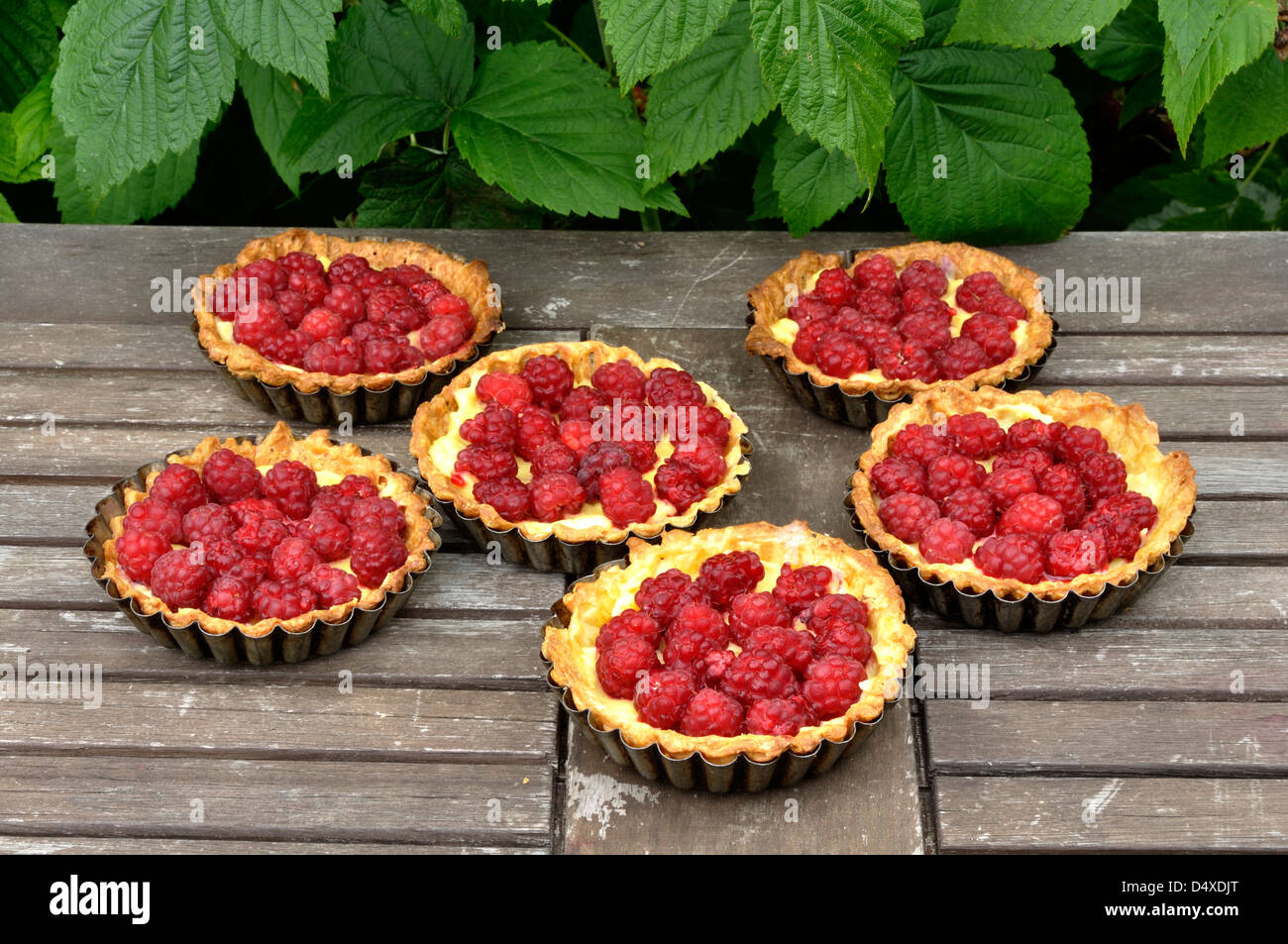 Mince pies with raspberries (Rubus idaeus) on the table of the garden. Stock Photo
