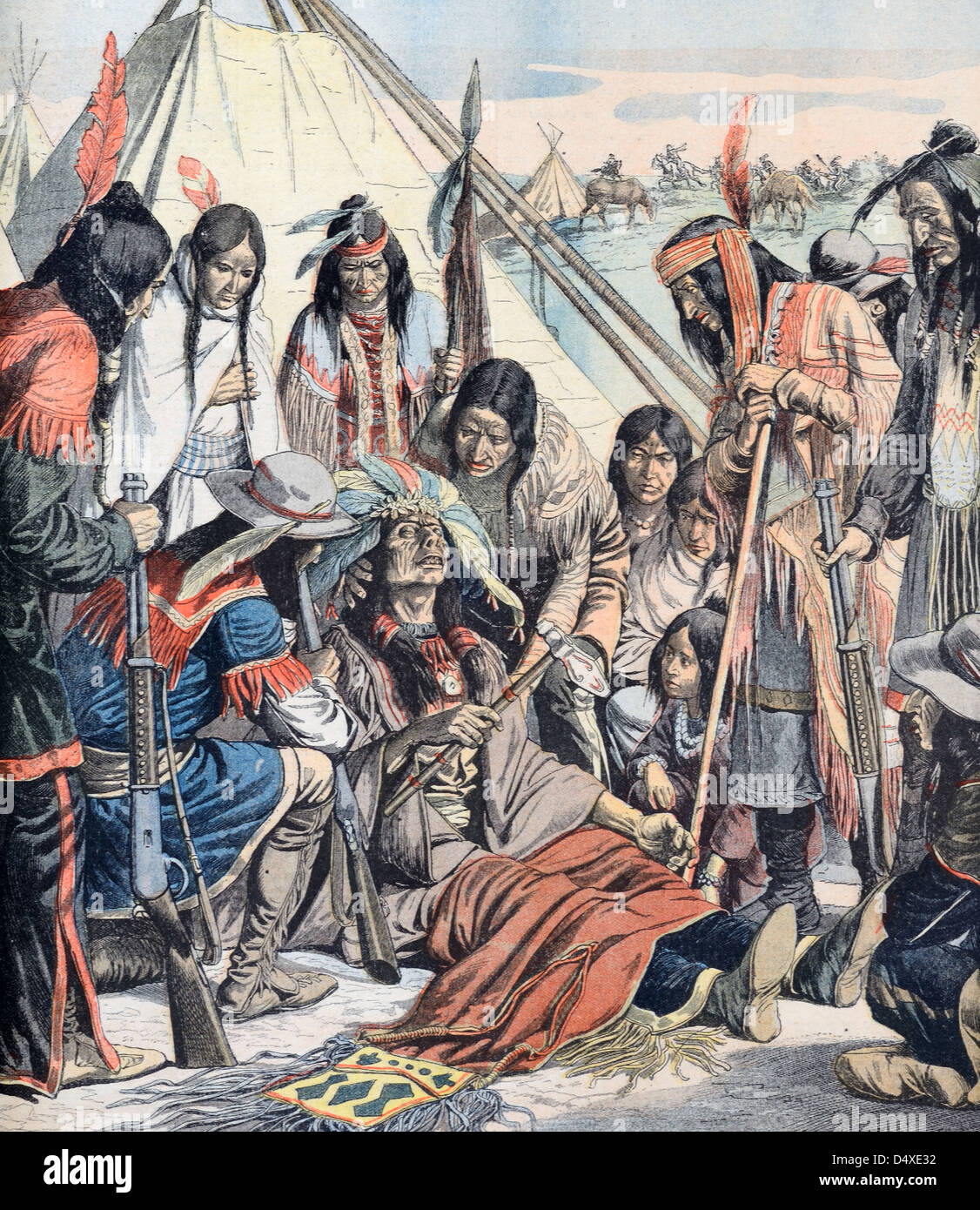 Death of Chief Joseph of Nez Perce People, Nez Perce Tribe, Nez Perce Tribe of Idaho or Nimiipuu of Native Americans (Sept 1904) Vintage Illustration Stock Photo
