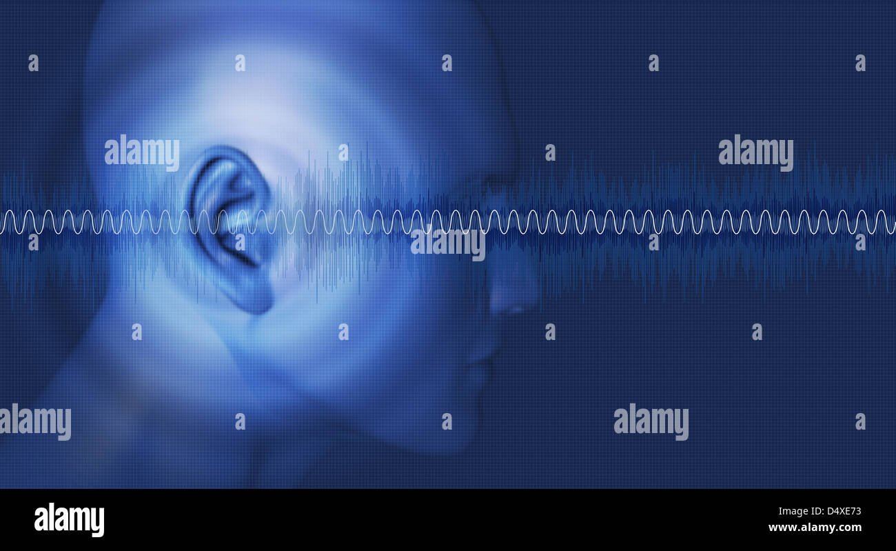 Sound waves, waveforms passing through an ear Stock Photo