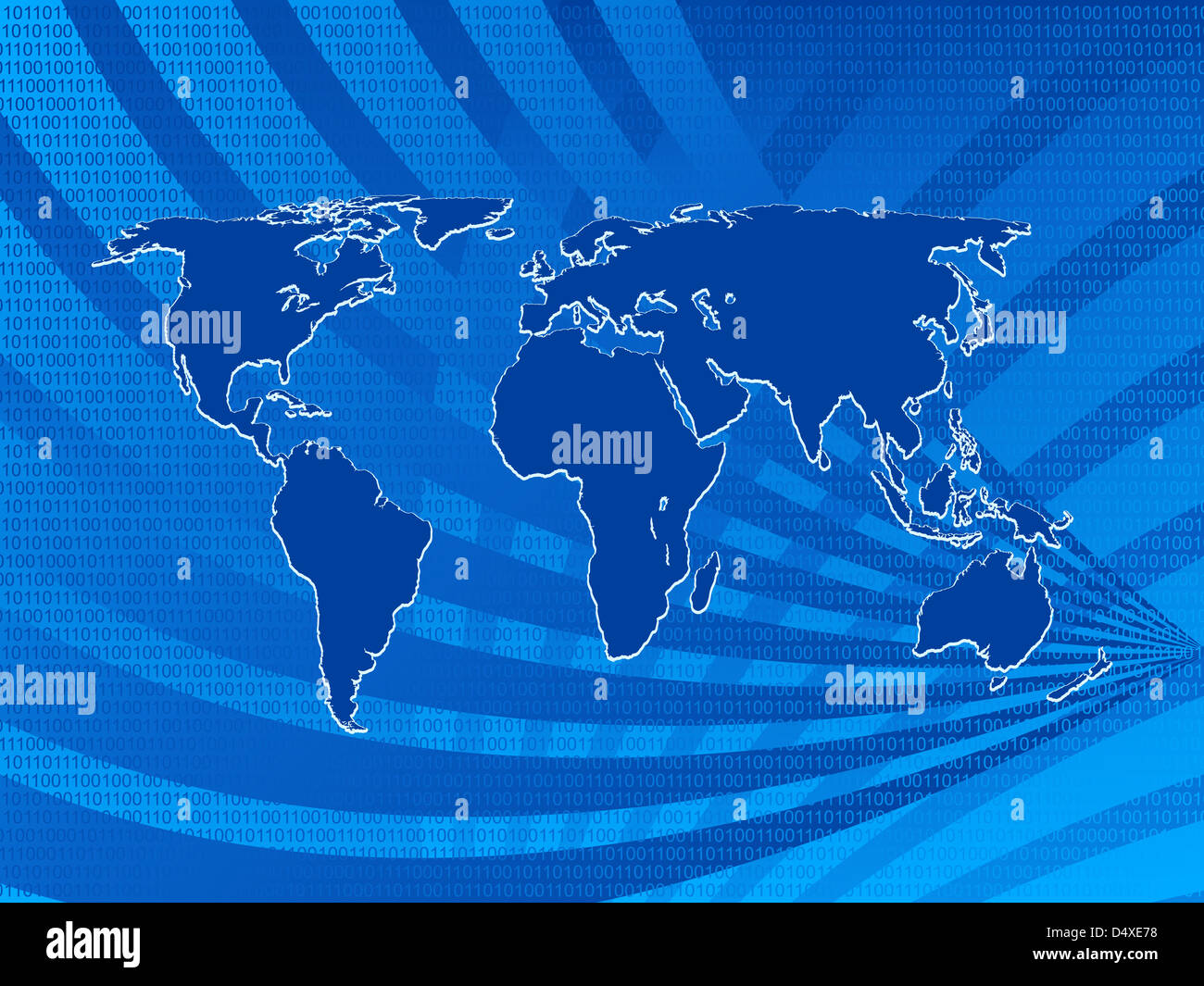 Blue world map on a blue background and binary code Stock Photo - Alamy