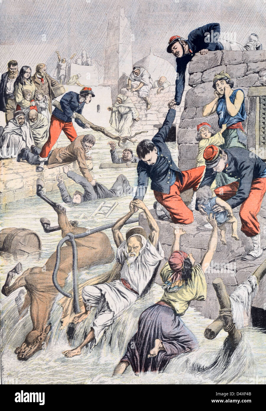 Vintage or Old Illustration of French Soldiers Rescuing Survivors from a Catastrophic Flood or Flooding at Ain Sefra Algeria (21 Oct 1904) Stock Photo