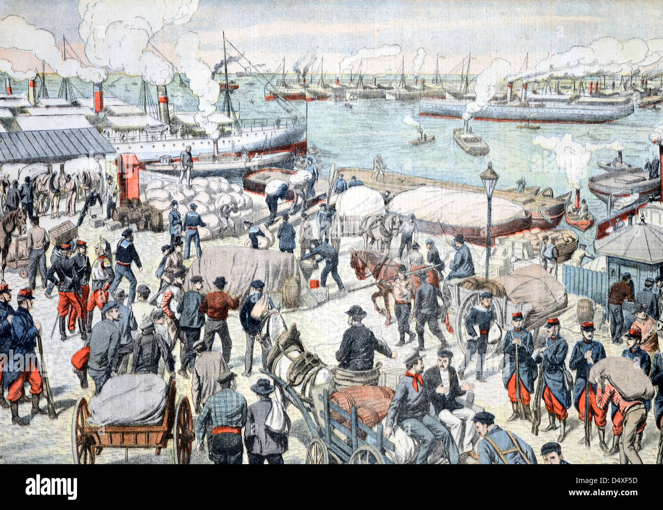 Vintage or Old Illustration of the Aftermath of a Dock Workers Strike when Dockers Return to Work in Port of Marseille France (Oct 1904) Stock Photo