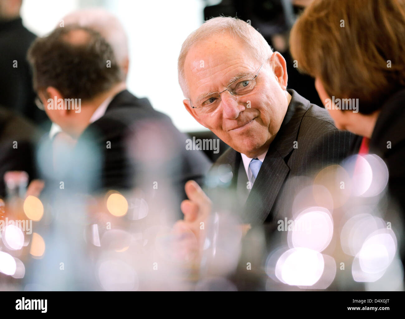 German Finance Minister Wolfgang Schaeuble chats with Justice Minister Sabine Leutheusser-Schnarrenberger for a meeting of the German cabinet at the chancellery in Berlin, Germany, 20 March 2013. Photo: KAY NIETFELD Stock Photo