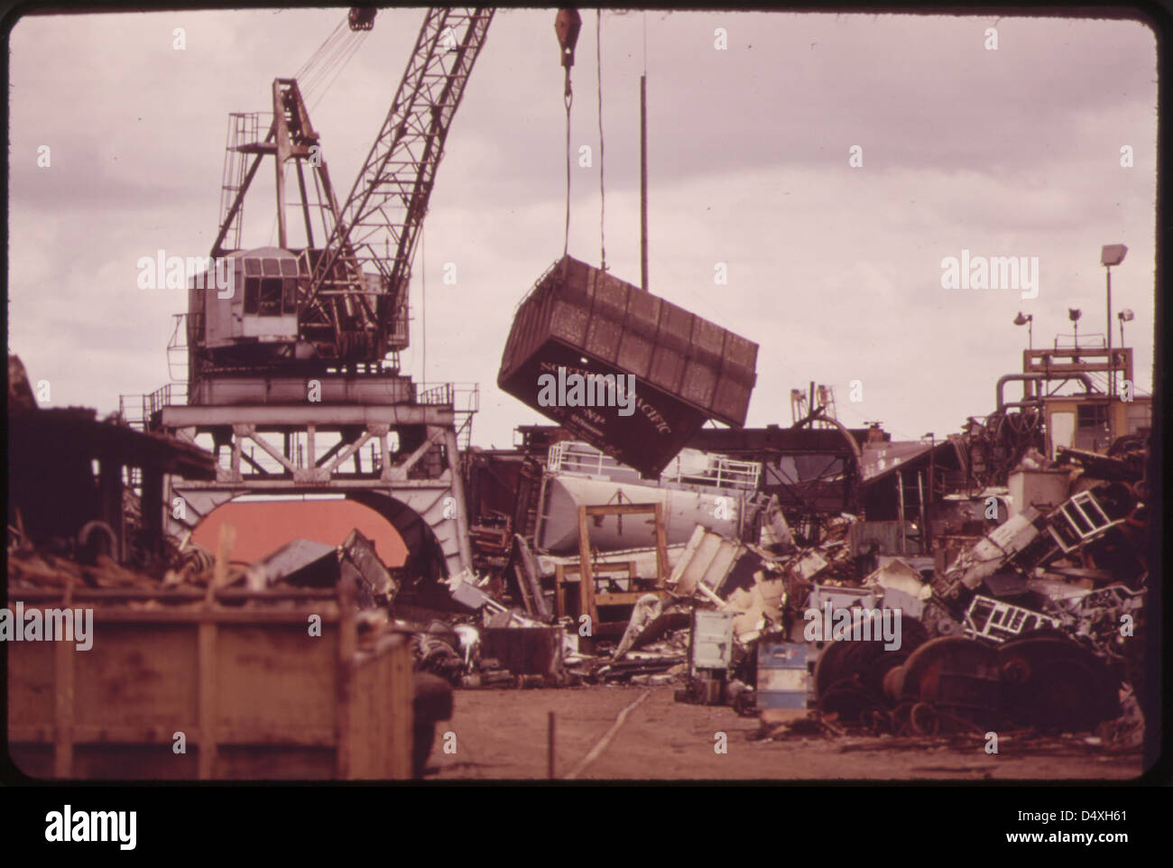 Old Railroad Box Cars, Auto Bodies and Other Junk for Scrap Metal Pile