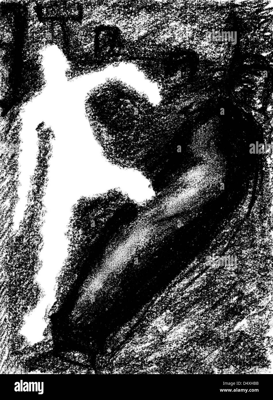 Black and white illustration of a spirit rising from grave. Stock Photo