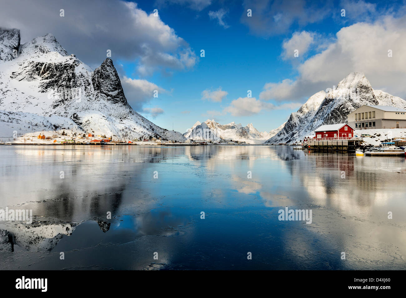 A view looking north up Reine harbour towards Sakrisoy on the Lofoten islands Stock Photo