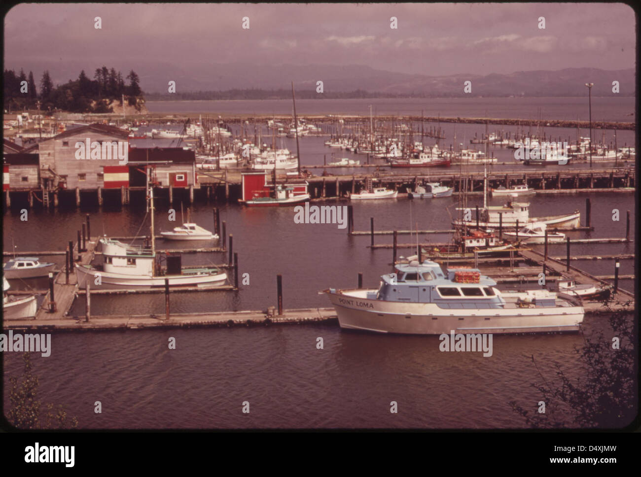 This 1973 photograph shows the harbor of Ilwaco, Washington, with boats