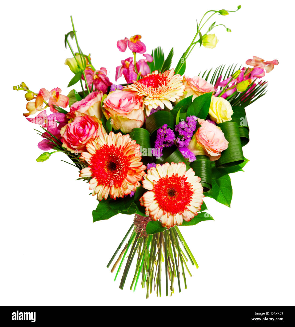 bouquet of roses, gerberas and alsrtomerias isolated over white background Stock Photo