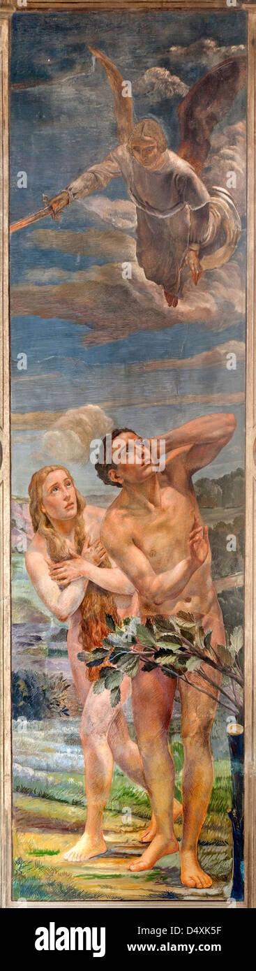 VERONA - JANUARY 27: Fresco of expulsion of Adam and Eva from Paradise by Agostino Pegrassi from year 1932 in San Bernardino Stock Photo