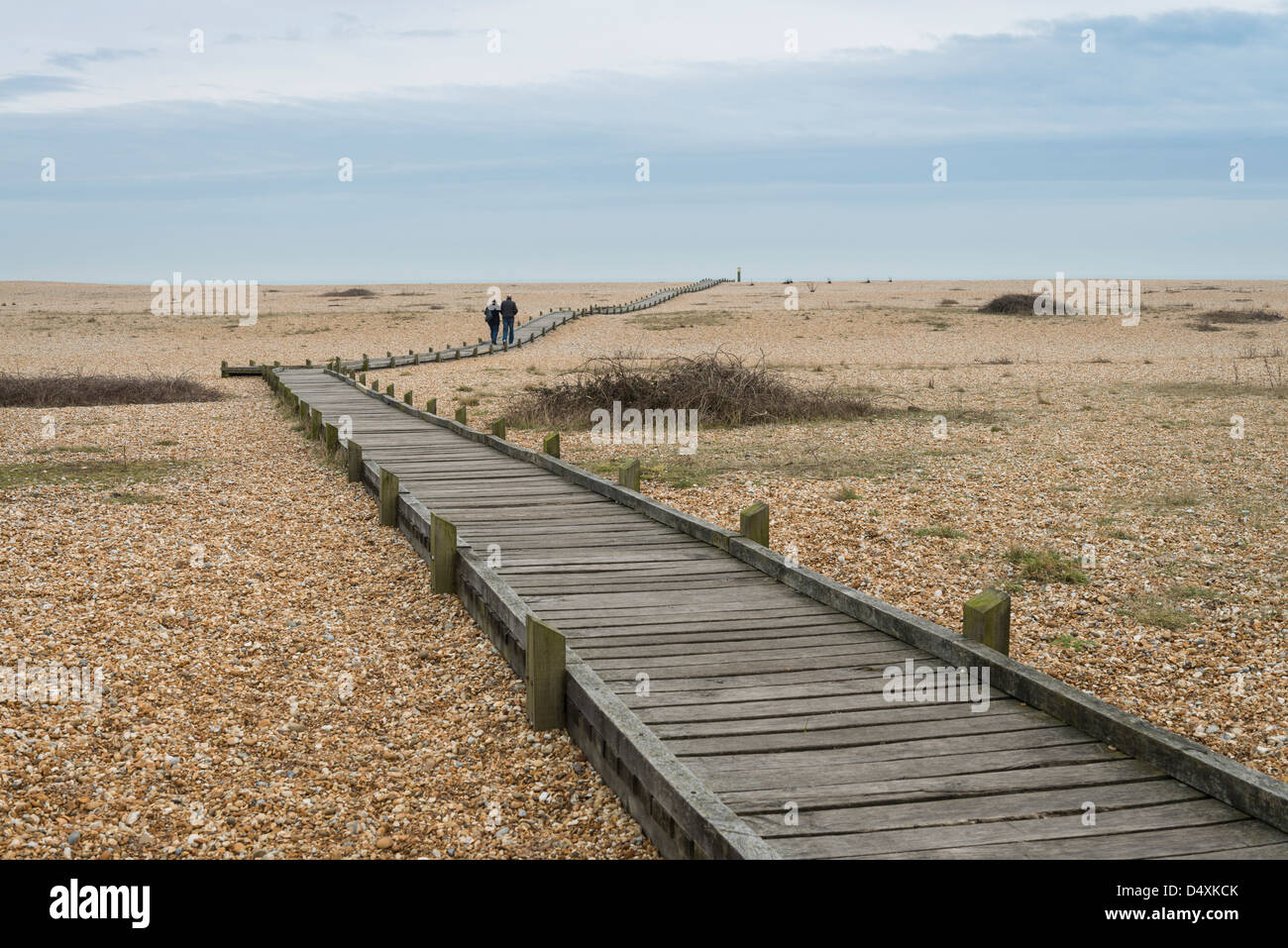 Wooden board walk Dungeness beach, Kent, England, UK Stock Photo